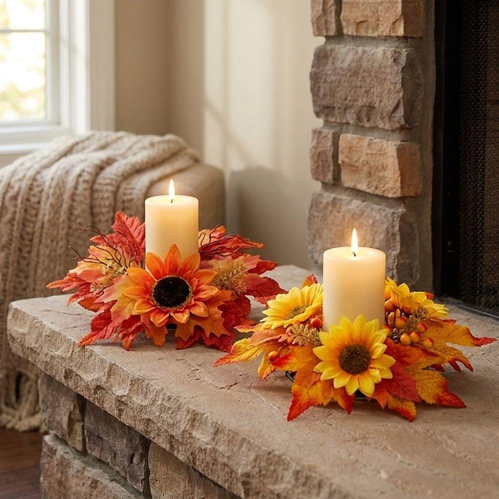 Fade Resistant Sunflower Maple Candle Ring Wreath Harvest Pillar Candle Surround Ring Home Decor