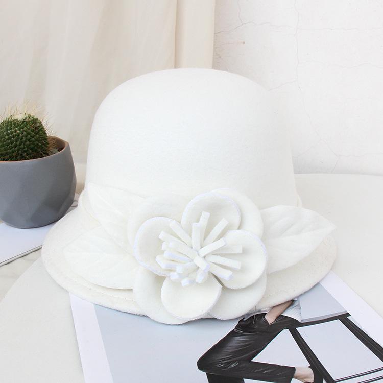 New Hat Women's Autumn and Winter British Woolen Woolen Pot Hat Fashion Flower Bucket Hat Warm Felt Top Hat