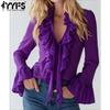 Women's V Neck Ruffle Trim Flare Long Sleeve Casual Solid Office Shirt