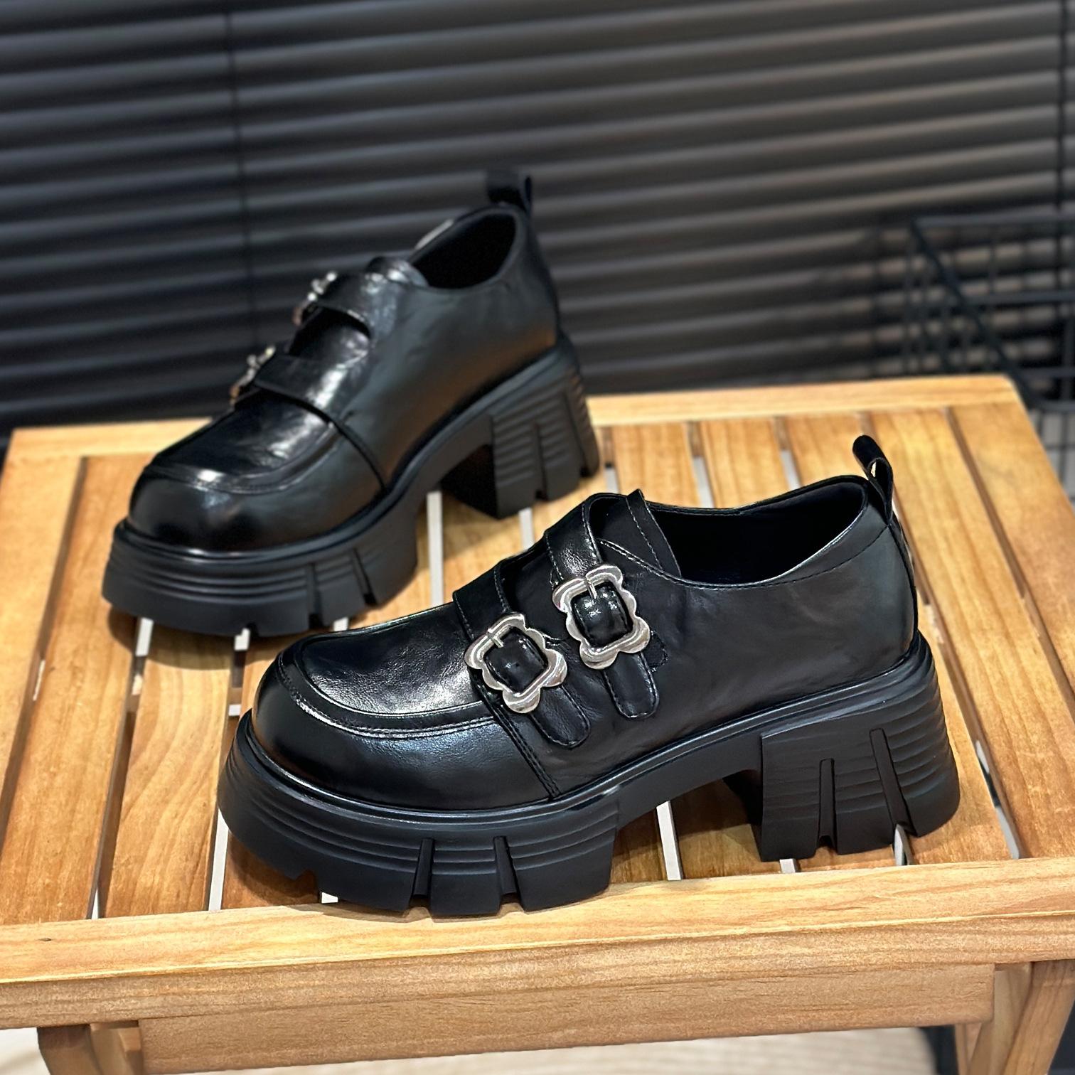 

7Cm small Velcro loafers women s shoes autumn height increase new single shoes jk uniform with skirt small leather shoes 35 чёрный