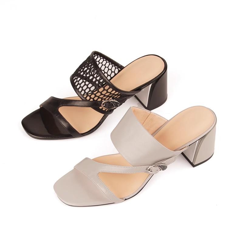 Fashion Women's Temperament Square Sandals Summer New Round Head Net Cloth Metal Buckle Anti-slip Wear-resistant Slippers