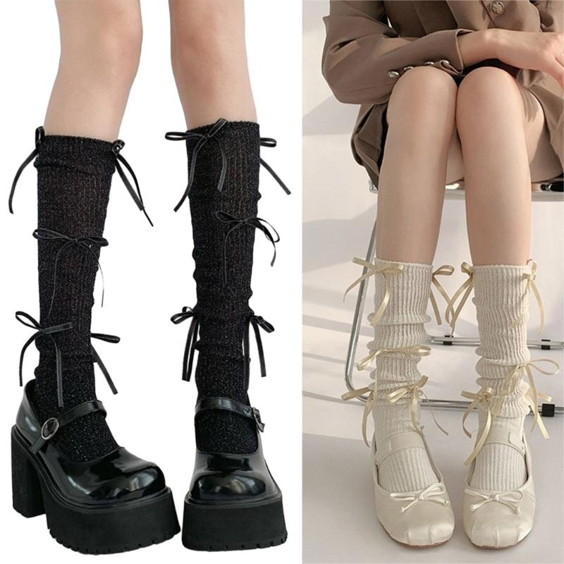 Japanese Style Shimmering Rib Knitted Middle Tube Calf Socks for Women Girls Cute Ribbon Bowknot Long Socks Stockings