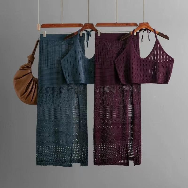 Western Style Sexy Knitted Hollow out Vest Skirt Two-piece Set Knitted Vest and Skirt Set