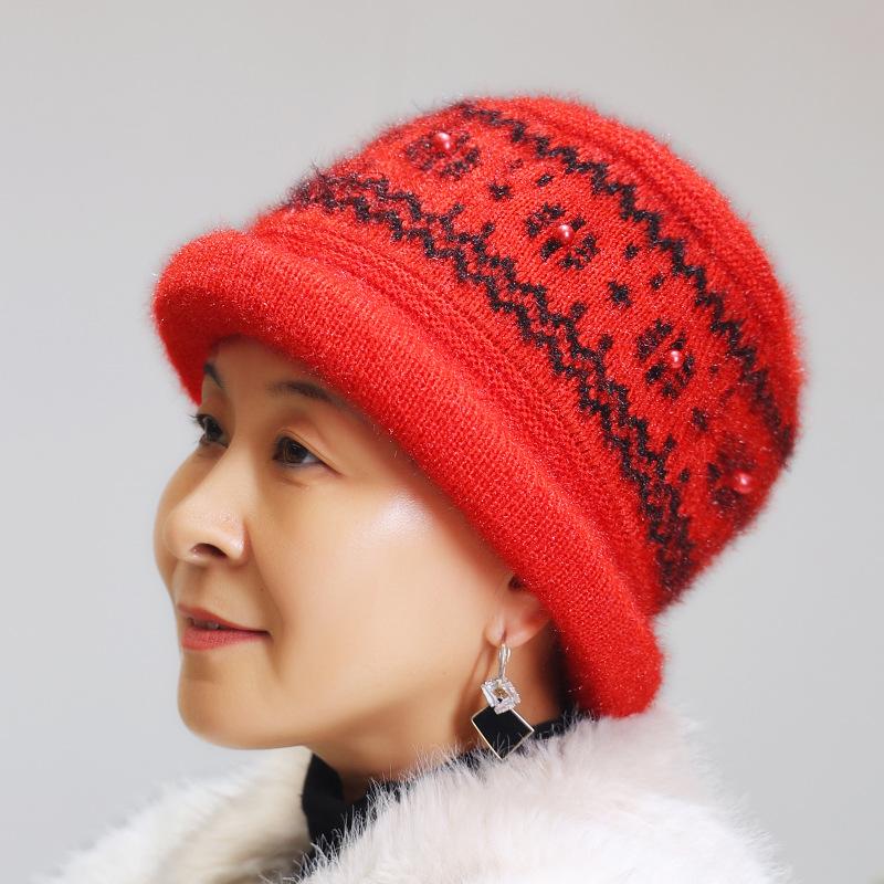 Winter new middle-aged and elderly hats women's knitted ear protectors handmade wool hats, plush warm mother cold-proof hats