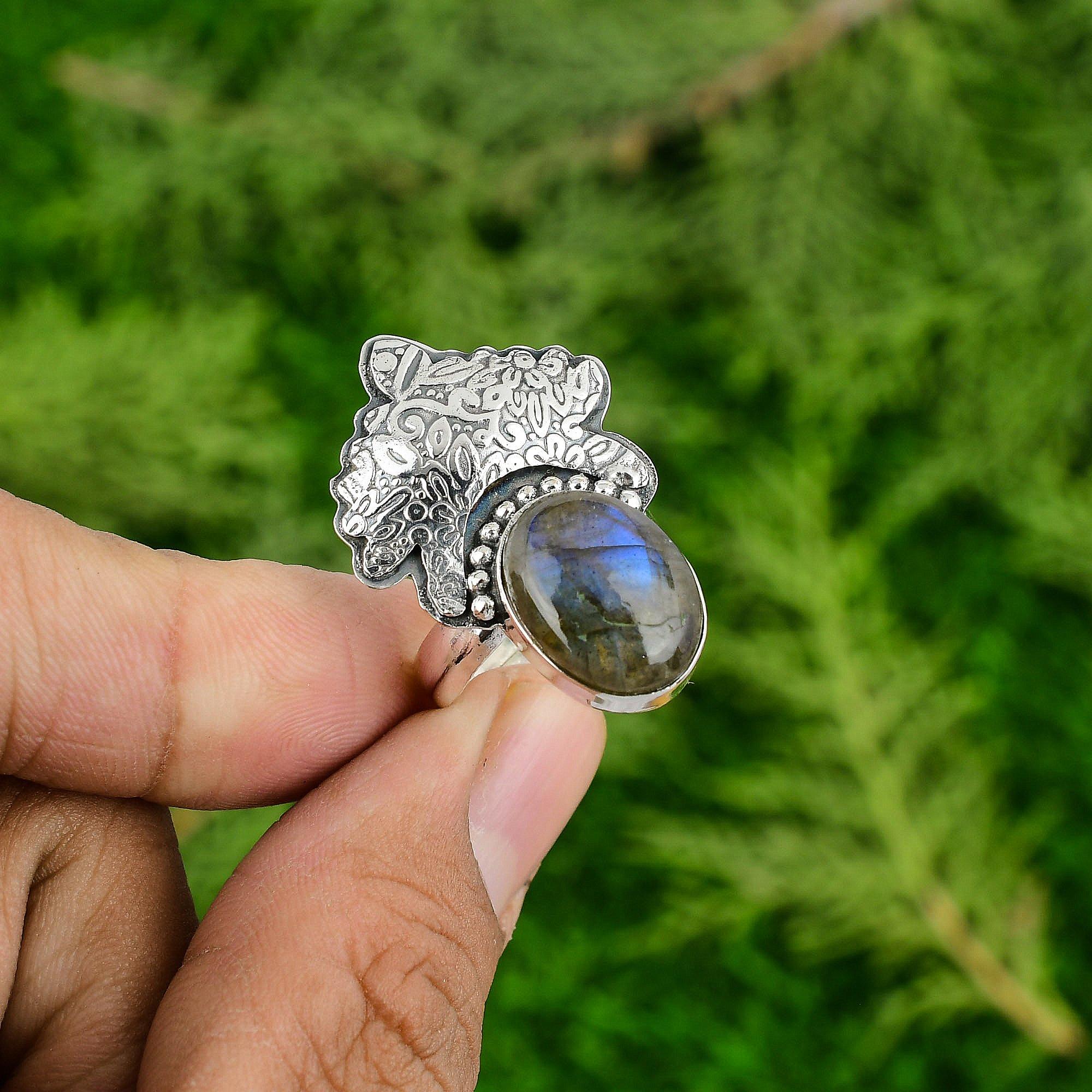 

Mothers day Sale Sterling Silver Labradorite Stone Statement Bezel Ring Jewelry Adjustable