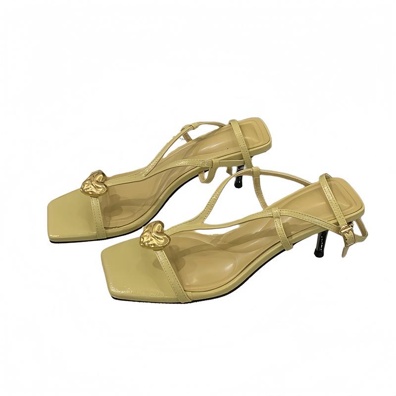 Women'S Shoes Metal Buckle Ankle Strap Square Toe Thin Heel Open Toe Summerthinbeltsocialite Sandalsskirt-Matching Shoes