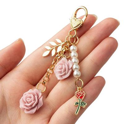 Rose Camellia Keychain Women Girls Pearl Tassel Flower Keyring Bag Decoration