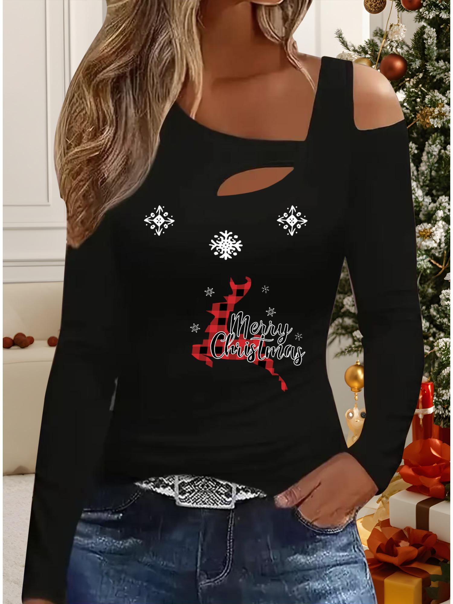 

Осень и Зима Женский Новый Повседневный Топ с Длинным Рукавом Рождественский Узор Идеальный Подарок на Хэллоуин Рождество Футболка S чёрный