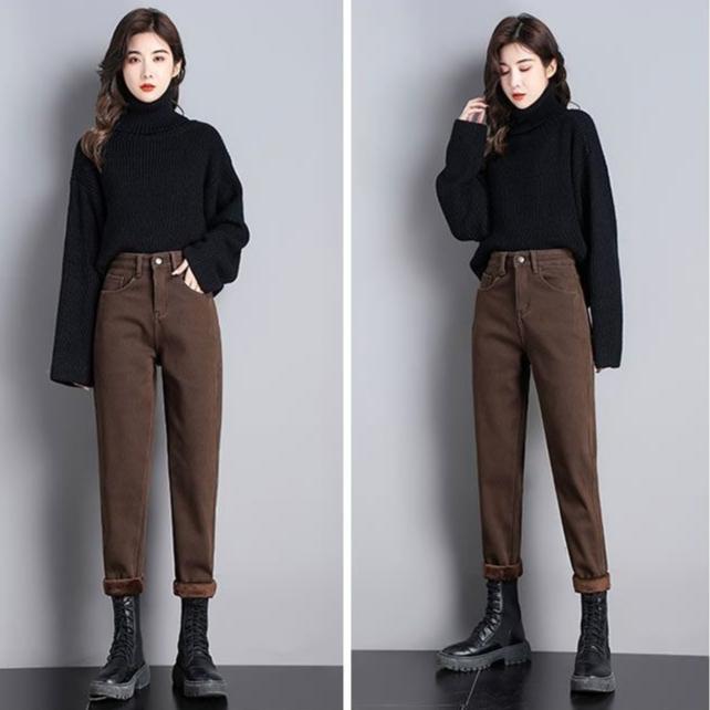 Women's Fleece-Lined Jeans High-Waist Slim Plus Velvet Harem Jeans Autumn and Winter Stretch Skinny Jeans