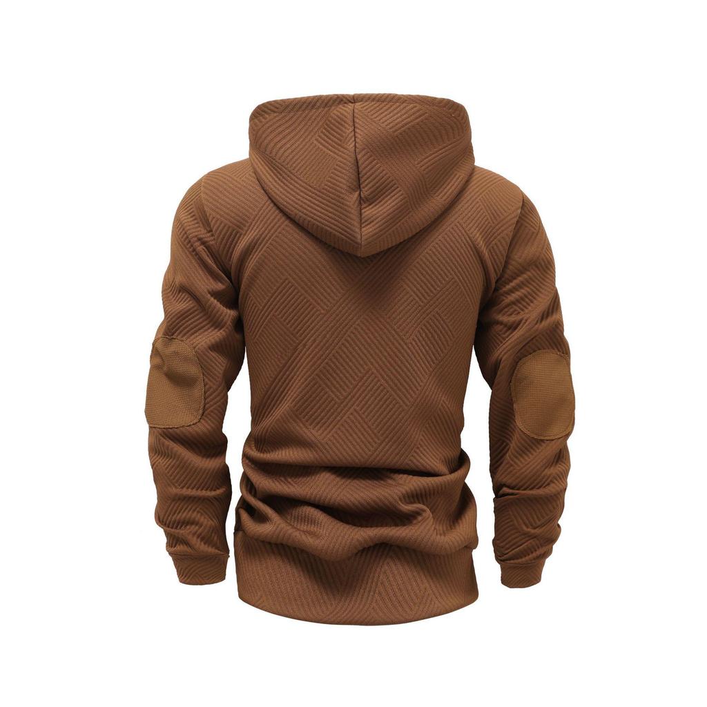 Men's Solid Color Jacquard Hooded Sweatshirt - Autumn/Winter European American Style, Loose Fit Casual Outerwear