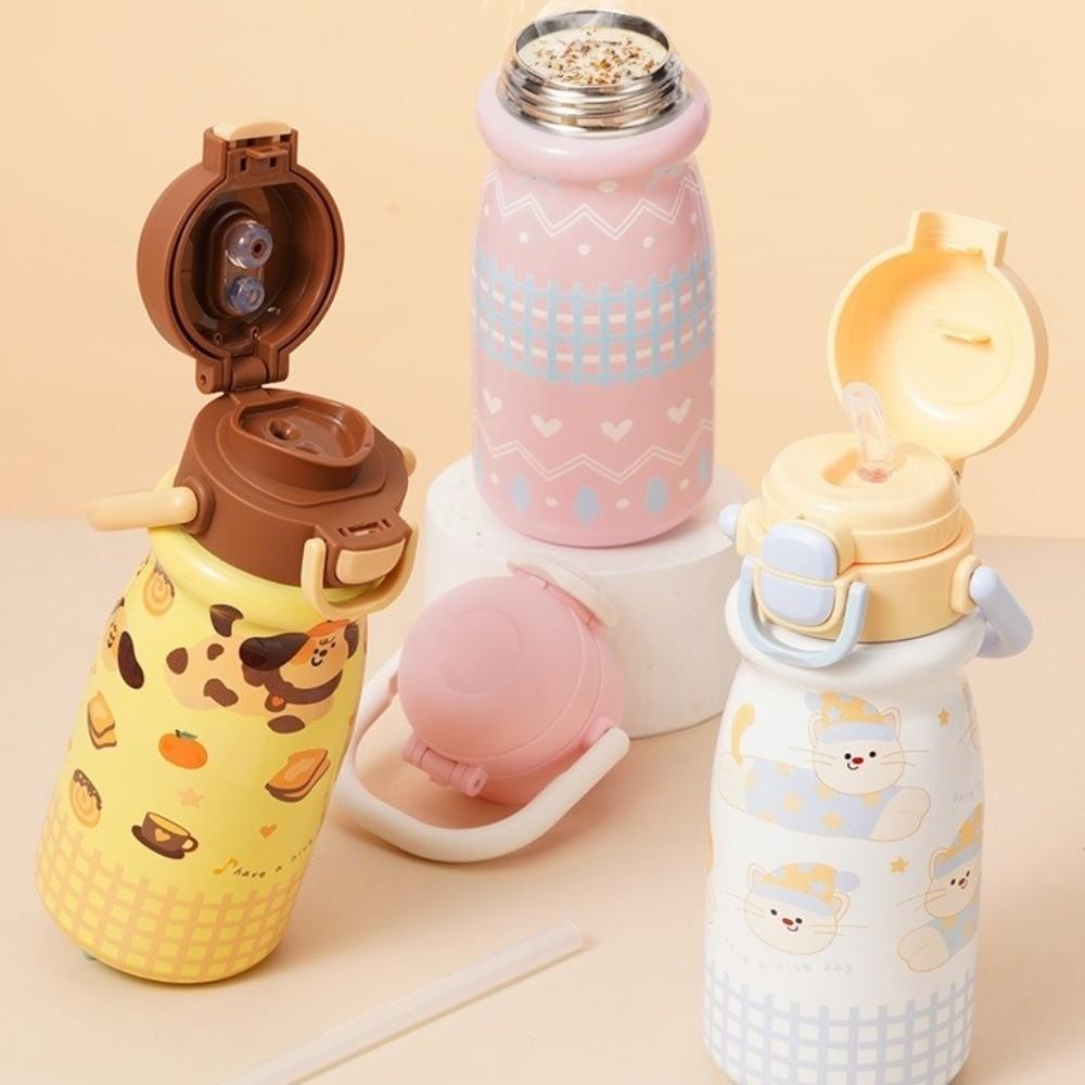 Leak-Proof Handheld Water Bottle Large Capacity Cartoon Straw Cup Double Drink Cup Daily Use
