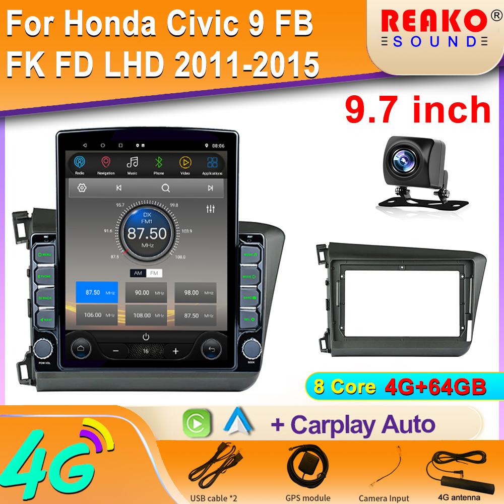 9.7" Vertical Style Tesla Screen Android 12.0 For Honda Civic 9 FB FK FD LHD 2011-2015 Multimedia Player Carplay GPS Navigation