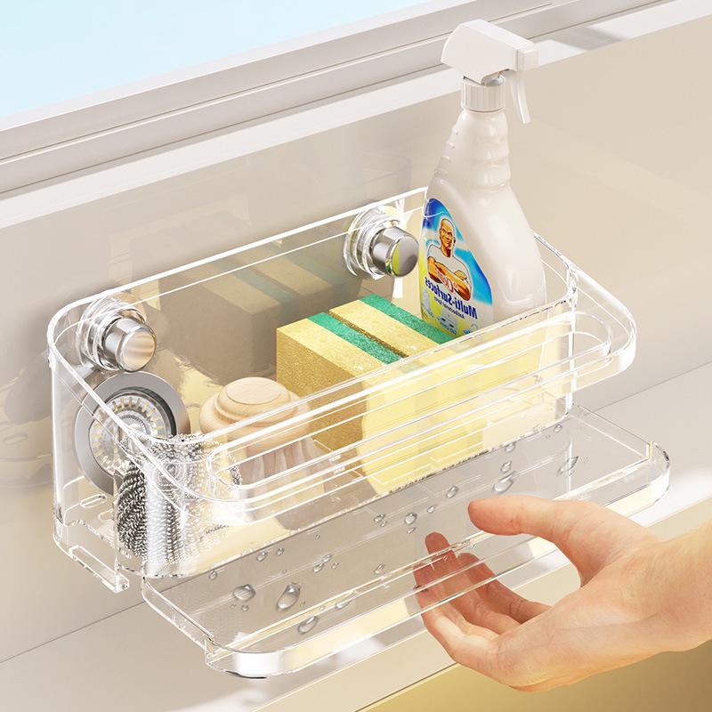 Wall-Mounted Kitchen Organizer with Suction Cup & Hanging Rod for Sponge and Dishcloth