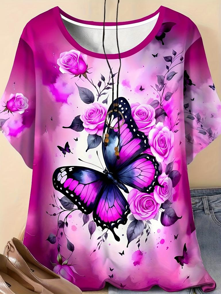 2026 Fashion 3D Butterfly Print T-Shirt for Women Summer Casual O-Neck Short Sleeve Tops Loose Summer Tees Y2k Woman Clothing
