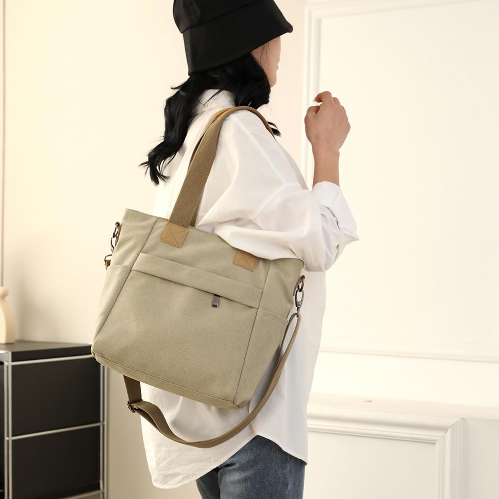 Manukori Women's Small Canvas Tote Bag, Shoulder Bag, Handbag, Shoulder Bag, Crossbody Bag, for Commuting, School, and Travel (Khaki)