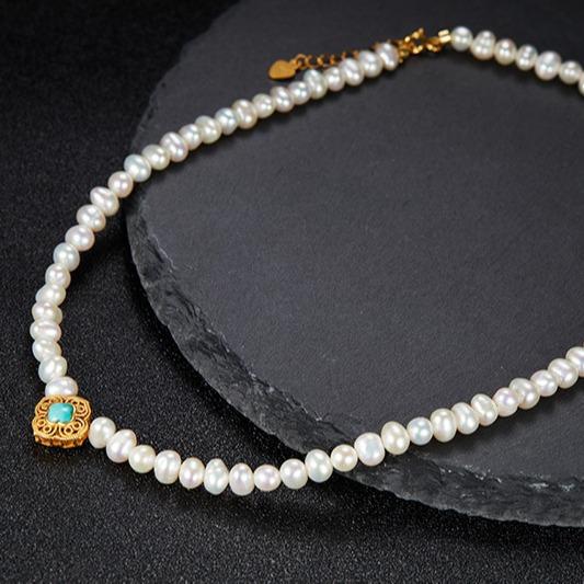 Original Design Natural Turquoise Freshwater Pearl S925 Sterling Silver Necklace Women'S Fashion Light Luxury Collarbone Chain Pendant