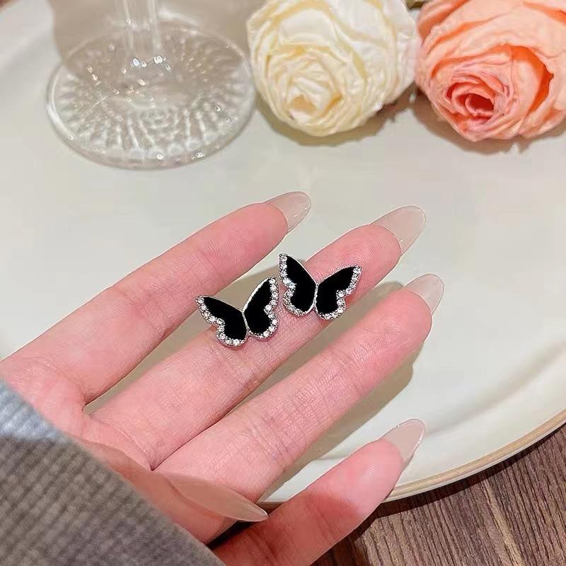 Black Enamel Women's Small Earrings Crystal Side Mini Butterfly Lovely Animal Shape Tiny Stud Earrings for Girls Boucle D'oreill
