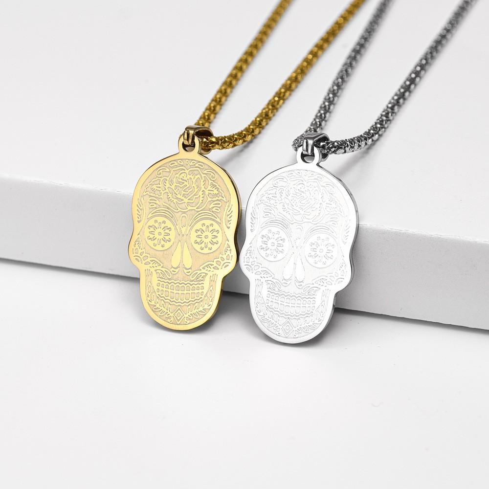 Fashion Pop Stainless Steel Flower Skull Pendant Necklace Skull Pendant Necklace Holiday Gift Accessories