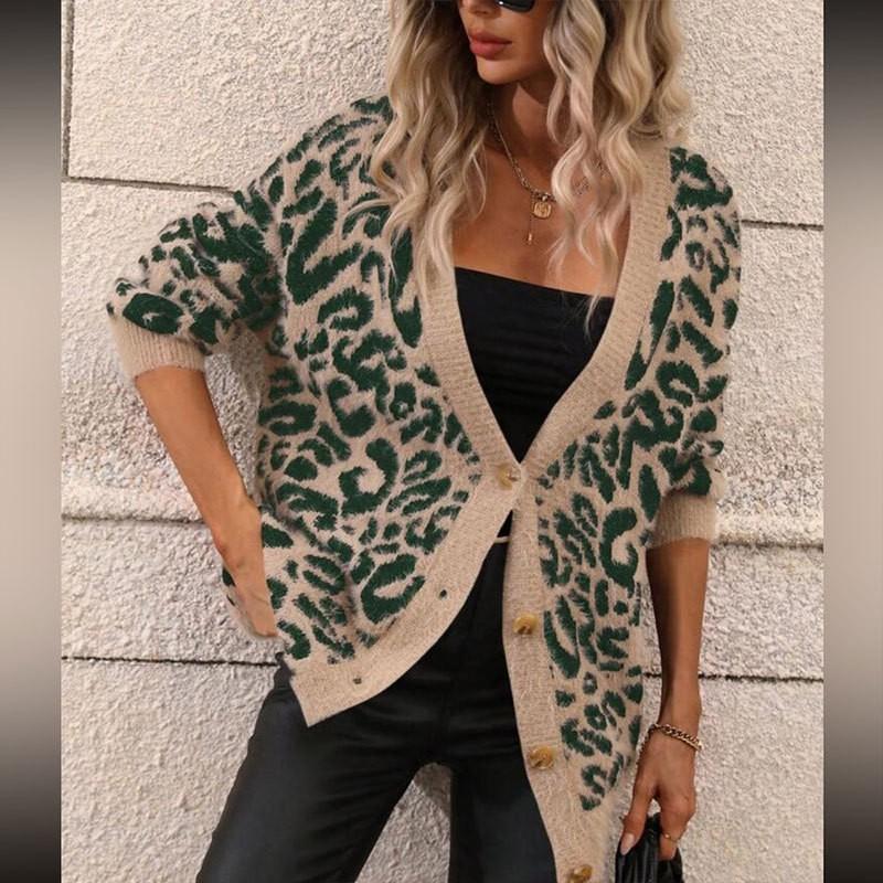 Womens Oversized V-Neck Leopard Print Knit Cardigan Long Sleeve Casual Sweater Winter