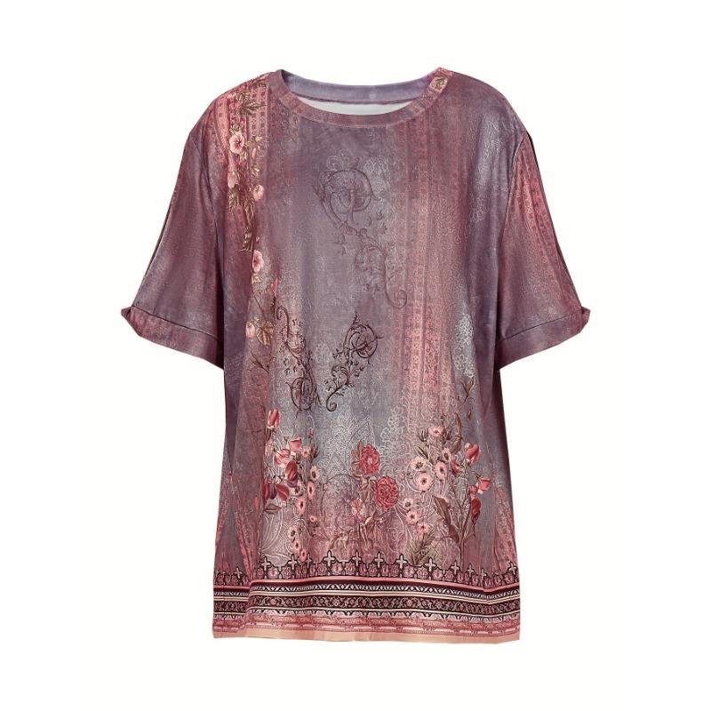 Plus Size 2026 Summer New Arrival Women's T-Shirt Casual Loose-Fit Short-Sleeved Floral Print Vintage Top For Everyday Wear