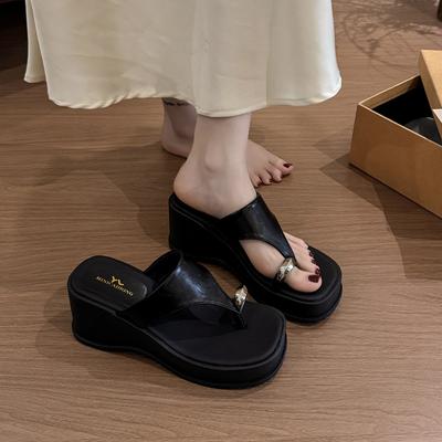 Summer Set of Toe Square Head Metal Wedge Heels Slippers Women's 2025 New Small Muffin Wear Cool Slippers with Skirt