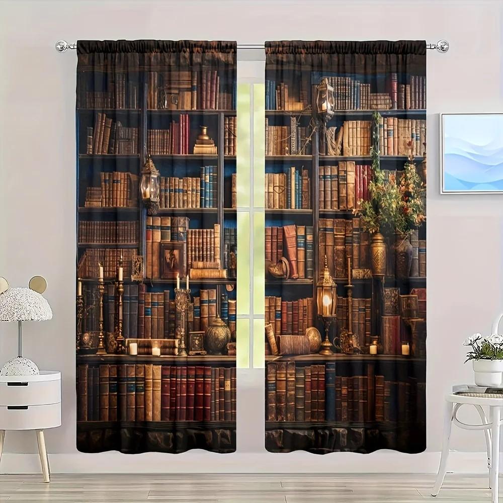 Set Of 2 Jit Bookshelf Printed Curtain Curtains Living Room Library Decor Blackout For Made Polyester With Rod Pocket