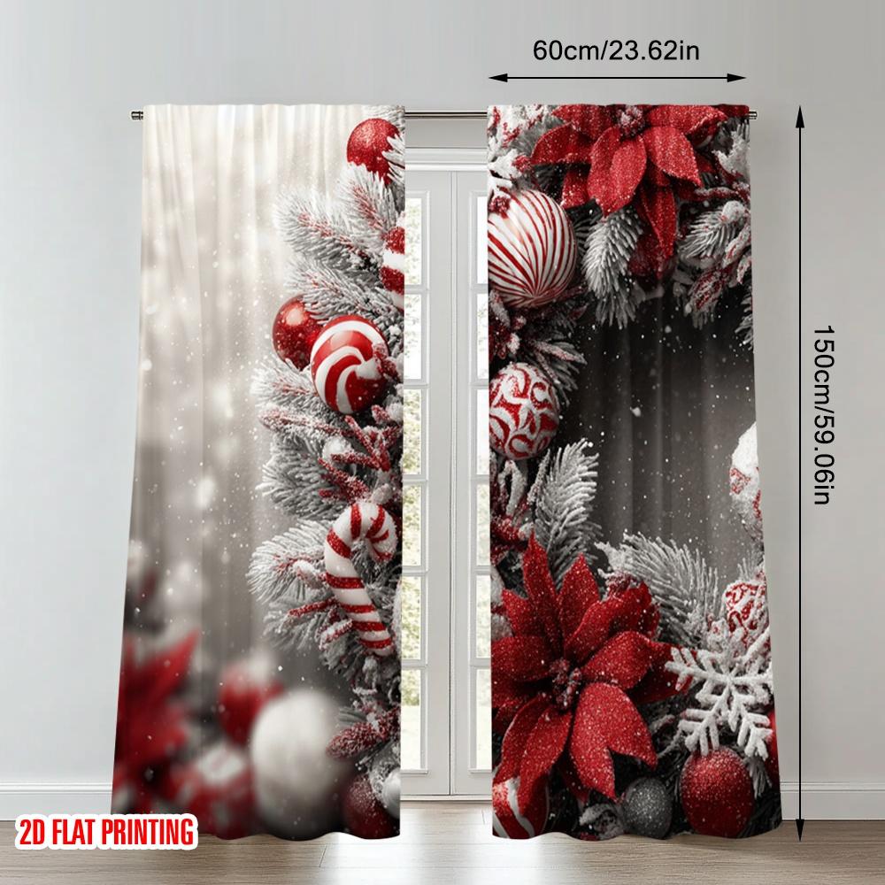 2pcs 2D flat printing High-Quality Christmas Curtains Christmas Wreath Snowflakes Ornaments Digital Printed Polyester Drapes