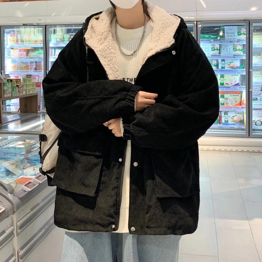 Lös herrjacka i plyschkord sammet - Tjock vinterkappa i lammsull, Koreansk stil ungdomstrend