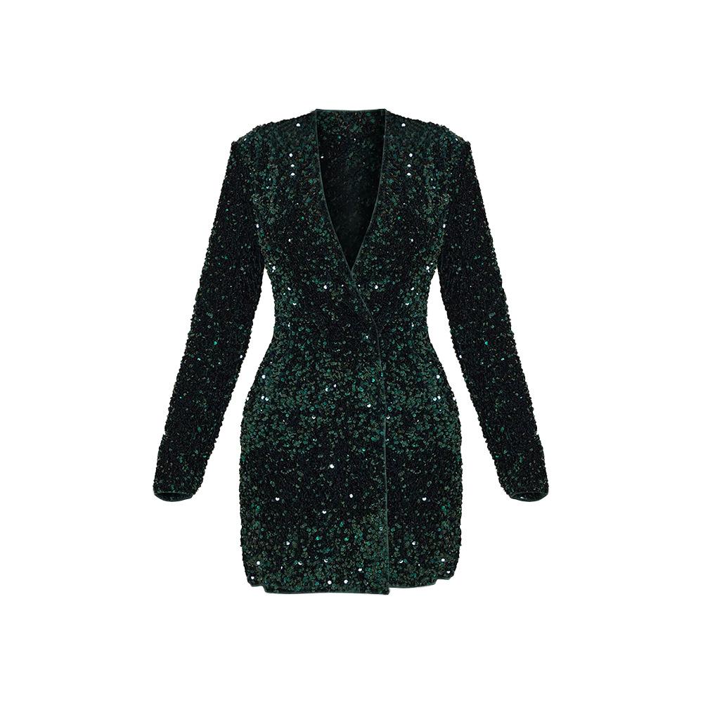 European and American women's clothing velvet sequined long-sleeved suit skirt temperament commuting waist hidden button long-sleeved skirt women's cl