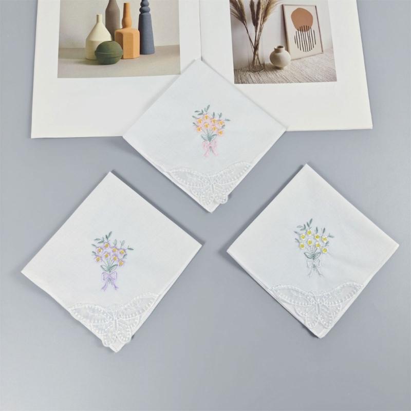 Multicolor Cotton Handkerchiefs Set for Women Embroidered Flower and Butterfly Lace Edge Portable Pocket Square Towel