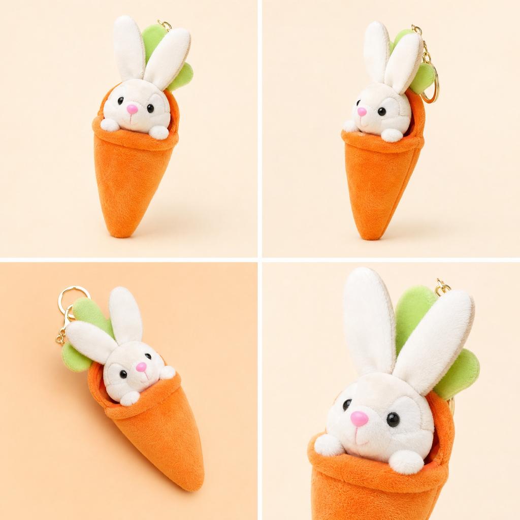 Plush Rabbit Toy Keychain Soft Stuffed Animal Bunny in Carrot Shaped Pouch Plush Key Ring Accessory for Bags and Backpacks