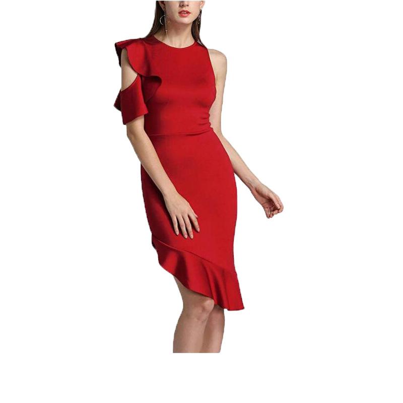 Women's Autumn and Winter New Evening Dress Flying Sleeve Off -the -shoulder Ruffled Side Dress