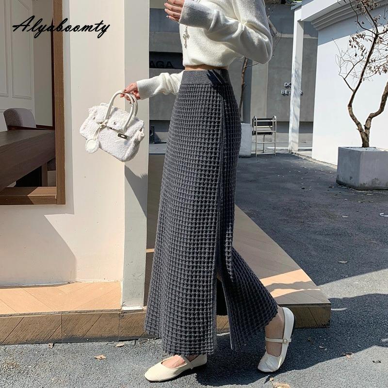 Korean Fashion Autumn Winter Women Split Skirt High Waist Waffle Pattern Knitting Skirt Knitted Elegant Feminine Black Gray Skirts