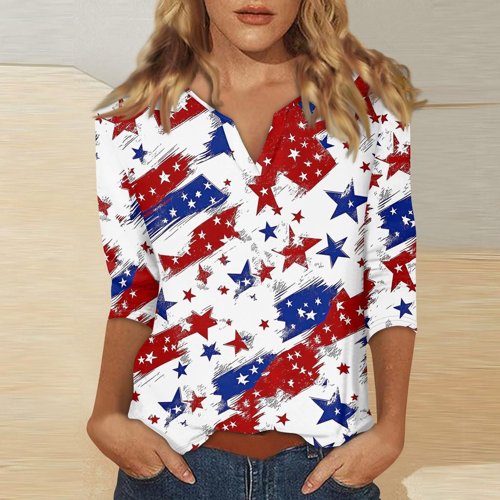 Womens V Neck 3 Quarter Sleeve Independence Day Print Shirt Casual Loose Fit Patriotic Top for Summer and Fall