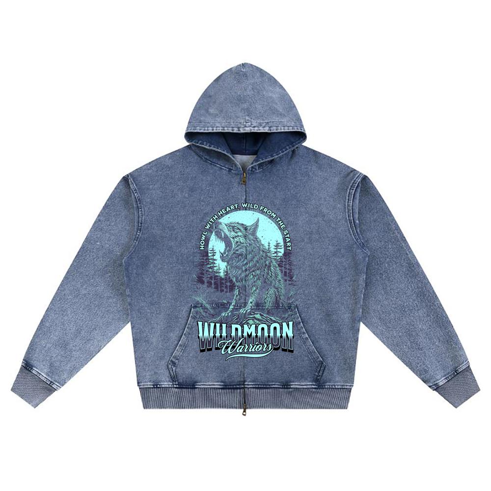 DTG-Druck Strick-Denim Zip-Up Hoodie Wildmoon Warriors Brother Print Reißverschluss-Hoodies