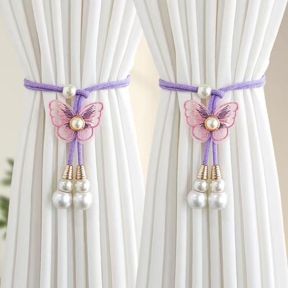 2PCS Adjustable Pearl Curtain Buckle Artificial Pearl Curtain Binding Curtains Tie Rope  Living Room фиолетовый
