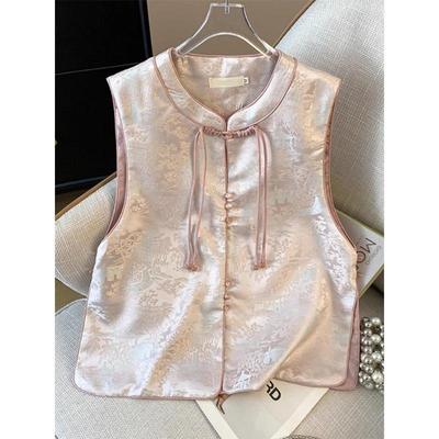 Vest Women's Spring and Autumn Improved Disc-buckled Round Neck Jacquard Embroidered Top To Wear