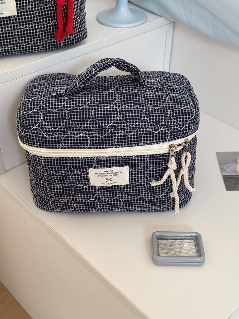 Gesteppte Herz karierte Kosmetiktaschen für Damen Make-up-Etui Große Kapazität Damen Reise-Aufbewahrungstasche Lässige Mädchen Handtasche Clutch-Geldbörse