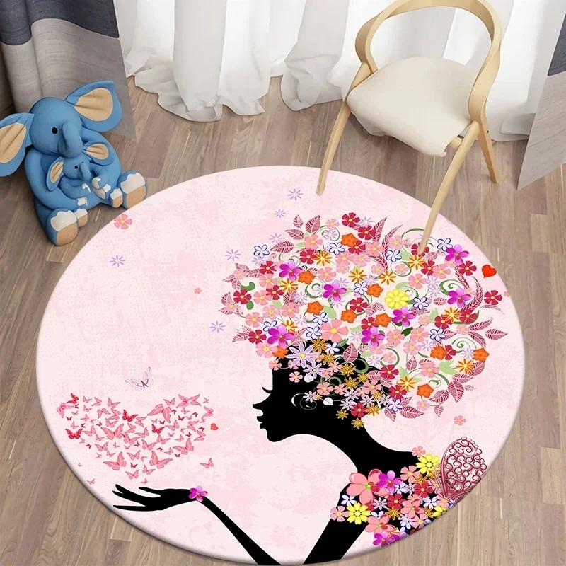 Butterfly Flower Fairy Girl Round Carpet Living Room Rugs Soft Doormat For Children's Room Playroom Decor Kitchen Bath Floor Mat