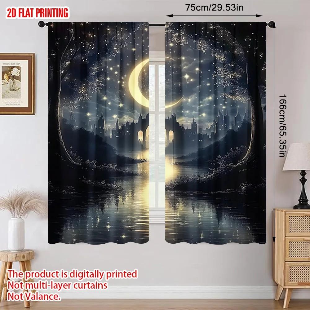 2pcs Mystical Moonlight Scene Curtains   Polyester Window Treatment   Home Decor  Rod Pocket Curtains