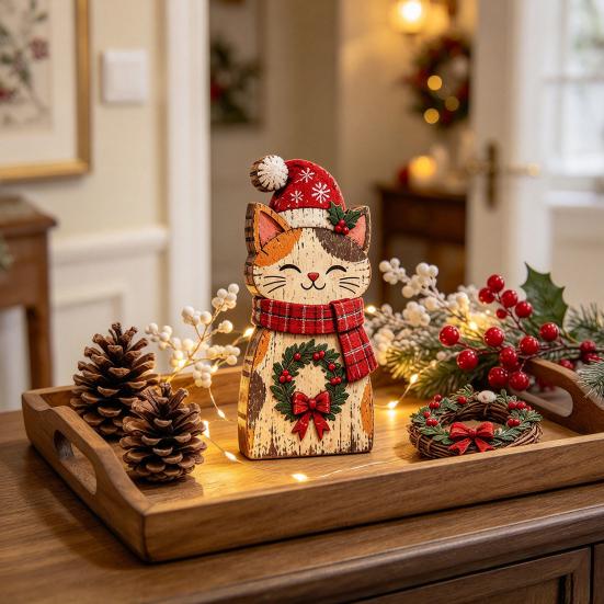 Whimsical Cat Room Decor Wooden Table Sign, Rustic Christmas Block Sign with Hat And Scarf, Retro Style Festive Ornament 2D Flat Vintage Farmhouse
