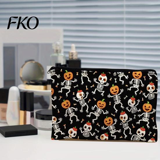 Halloween Storage Bag Bag, Large Capacity Cosmetic with Pumpkin Black Zipper Pouch Castle Skull Print, Smooth Thickened Canvas Toiletry Student School
