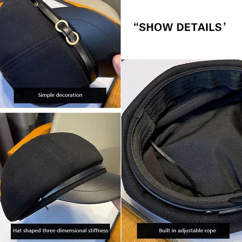 1PC Peak Cap Vintage Belt Buckle Design Gift Accessories Versatile Beret Cool Leather Brim Fashion Octagonal Hat Warmth 58-60cm