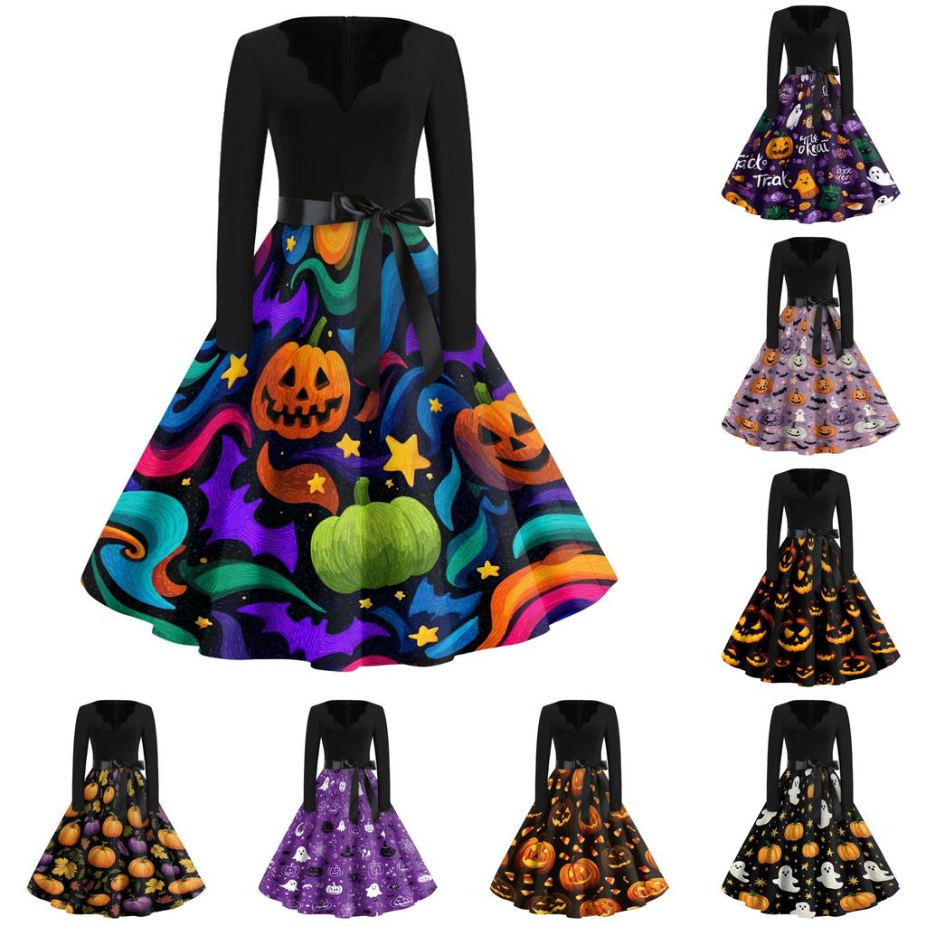 Women's Casual Halloween Print V Neck Retro Dress Long Sleeve Fit and Flare Midi Dress with Waist Tie Vintage Style