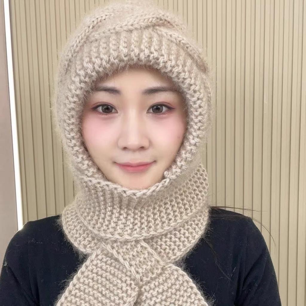 New hat women's autumn and winter warm neck protection thickened squirrel velvet women's wind and snow scarf integrated hat knitted cold protection