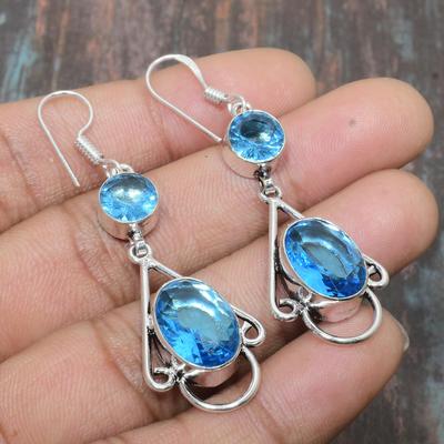 Schweizer Blautopas-Edelstein, 925er-Sterlingsilber, handgefertigt, wunderschöner Schmuck-Ohrring