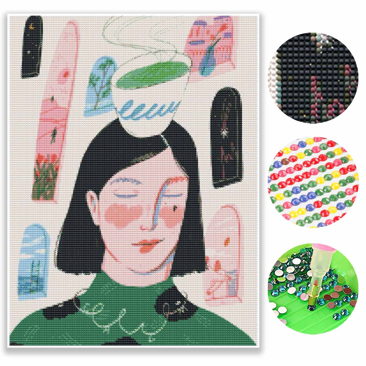 Diamond painting kit woman portrait abstract art full diamond round mosaic handmade. home decoration gift Round 20x30cm