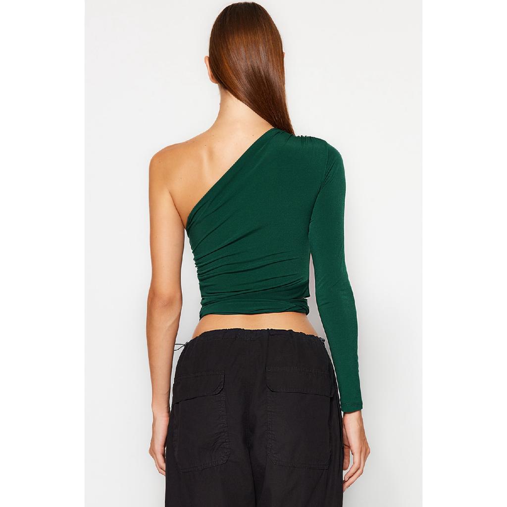 Claret Red Slim Tie Detailed Single Sleeve Crop Stretchy Knitted Blouse Twoaw23bz00094