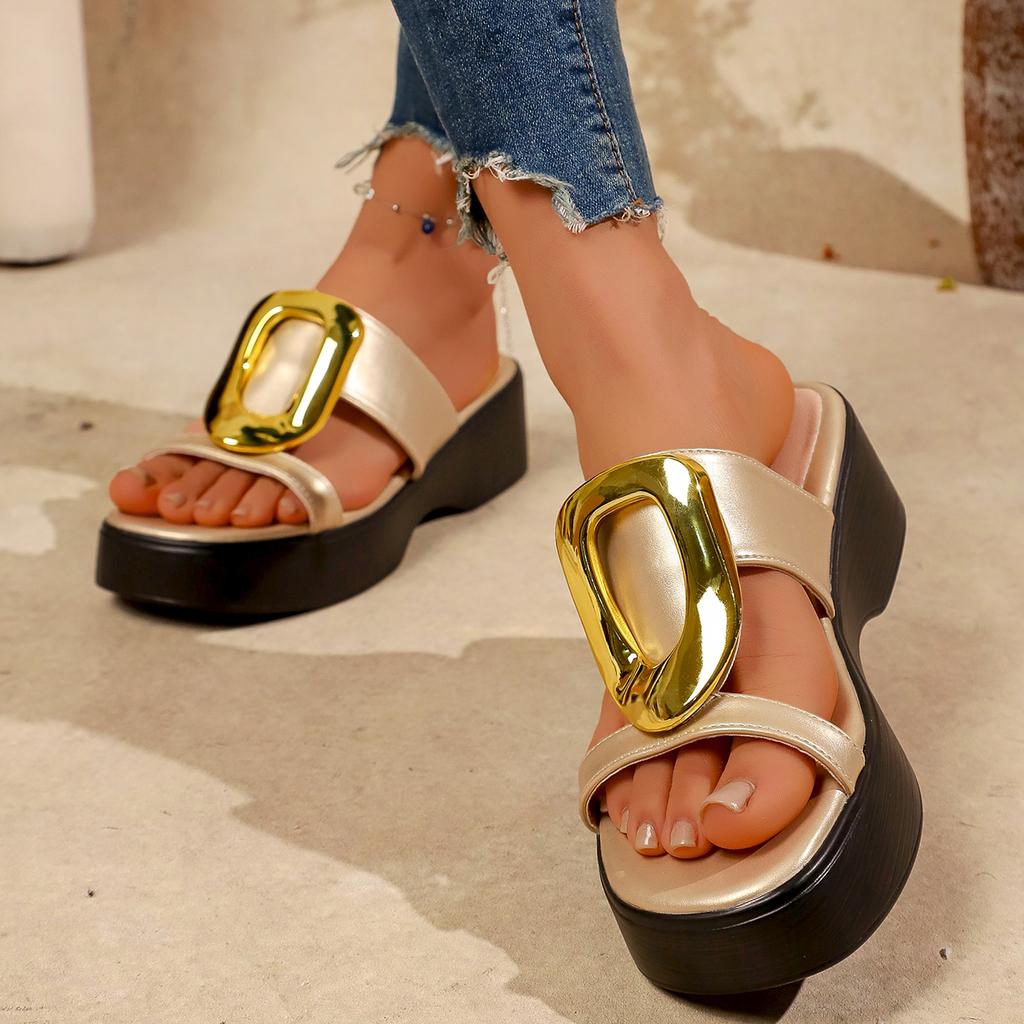 Women's Platform Slide Sandals with Large Gold Buckle Open Toe Thick Sole Casual Beach Shoes