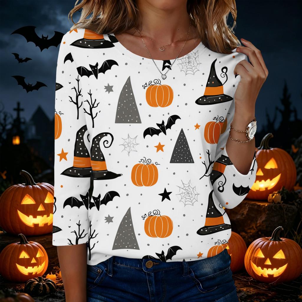Women's Casual Halloween Print Round Neck Three Quarter Sleeve T Shirt Top Lightweight Comfortable Fit